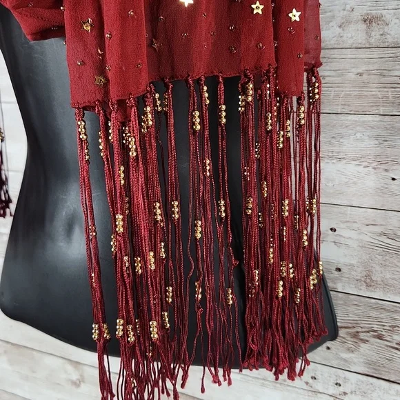 Fashion Scarf, Red with gold hardware and fringes, 70" long. - Picture 3 of 6
